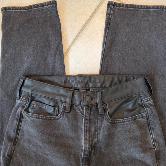 AEO 6 Short Faux Leather trim Black Denim Super High Rise Ankle Straight Jean - Picture 2 of 7